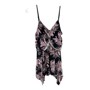 Vintage Y2K Black Pink Floral Twist Front Asymmetrical Hem Tank Top Fairy MEDIUM